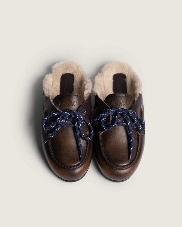 Boat Loafer Mule Fur Brushed Leather