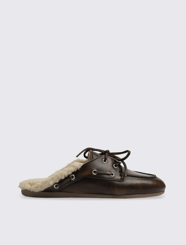 Boat Loafer Mule Fur Brushed Leather