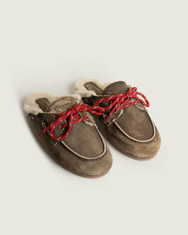 Boat Loafer Mule Fur Brushed Suede